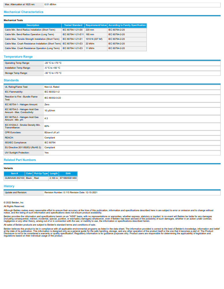 BELDEN GUMXA06 012100 6 Core Singlemode Outdoor Corrugated Steel Tape Double jacket LSZH Distribution Fiber Optic