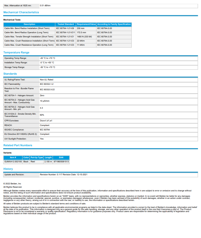 BELDEN GUMXA12 012100 12 Core Singlemode Outdoor Corrugated Steel Tape Double jacket LSZH Distribution Fiber Optic