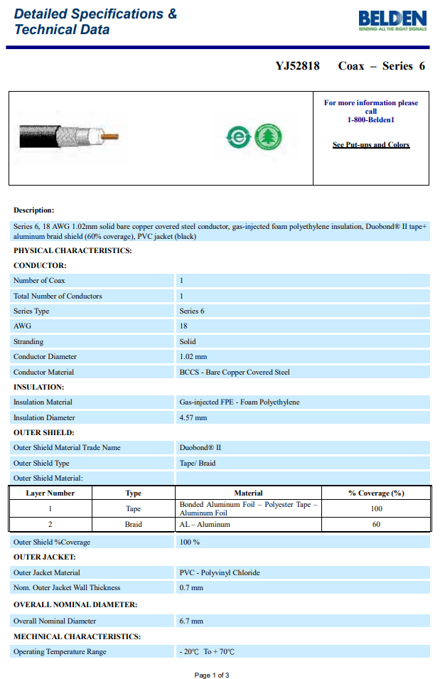 BELDEN YJ52818 009305M (White) 18AWG 75Ohm RG6 Coaxial Cable