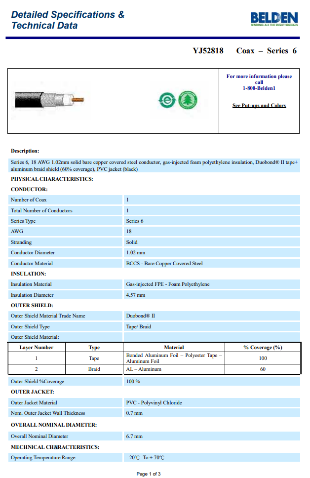 BELDEN YJ52818 010305M (Black) 18AWG 75Ohm RG6 Coaxial Cable