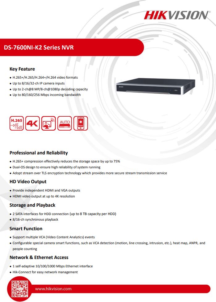 HIKVISION DS-7608NI-K2 8-ch 1U 4K NVR