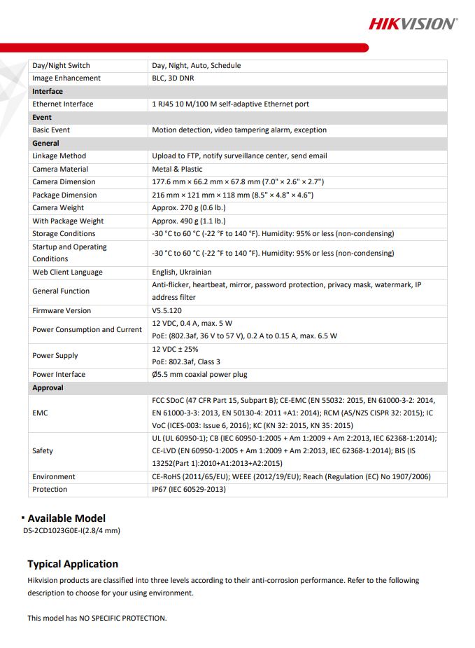 HIKVISION DS-2CD1023G0E-I(C) 2MP Fixed Bullet Network Camera