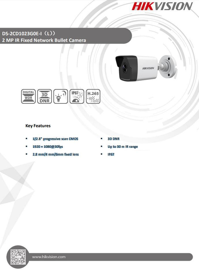 HIKVISION DS-2CD1023G0E-I(L) 2MP Fixed Bullet Network Camera