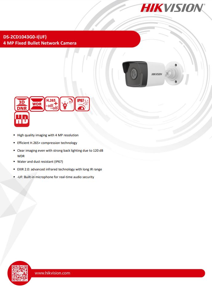 HIKVISION DS-2CD1043G0-IUF(C) 4MP Fixed Bullet Network Camera