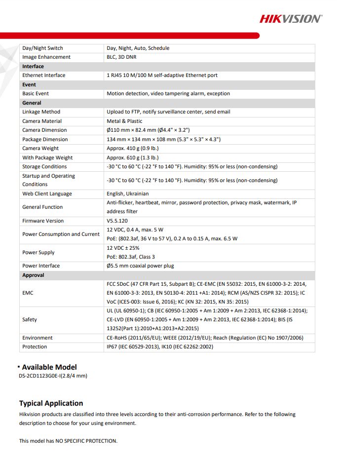 HIKVISION DS-2CD1123G0E-I(C) 2MP Fixed Vandal Dome Network Camera