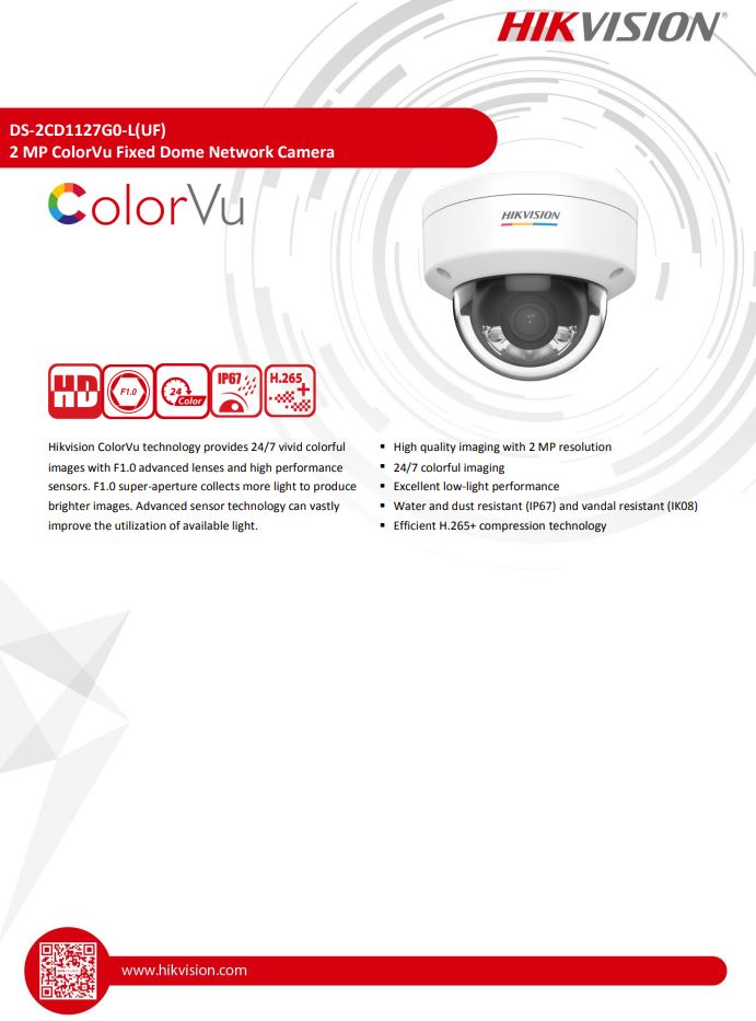 HIKVISION DS-2CD1127G0-L(C) 2MP ColorVu Fixed Dome Network Camera
