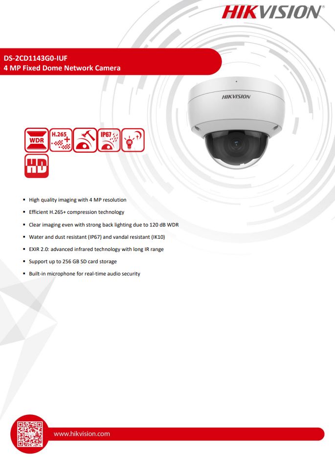 HIKVISION DS-2CD1143G0-IUF(C) 4MP Fixed Vandal Dome Network Camera