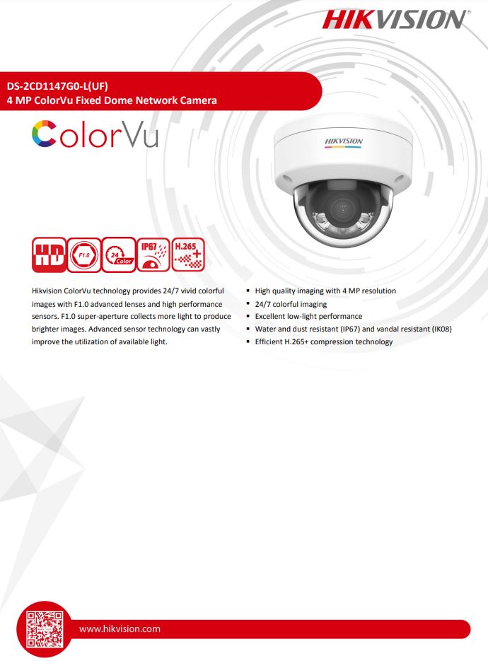 HIKVISION DS-2CD1147G0-LUF(D) 4MP ColorVu Fixed Dome Network Camera