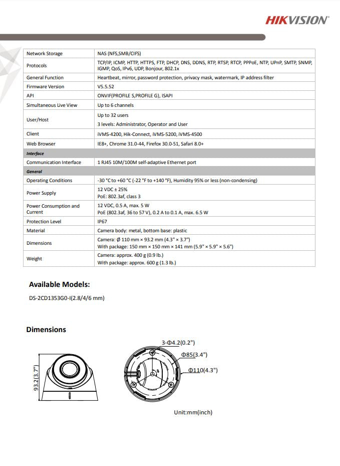 HIKVISION DS-2CD1353G0-I 5MP Fixed Turret Network Camera