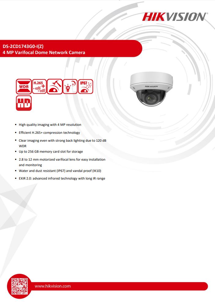 HIKVISION DS-2CD1743G0-IZ 4MP Motorized Varifocal Dome Network Camera