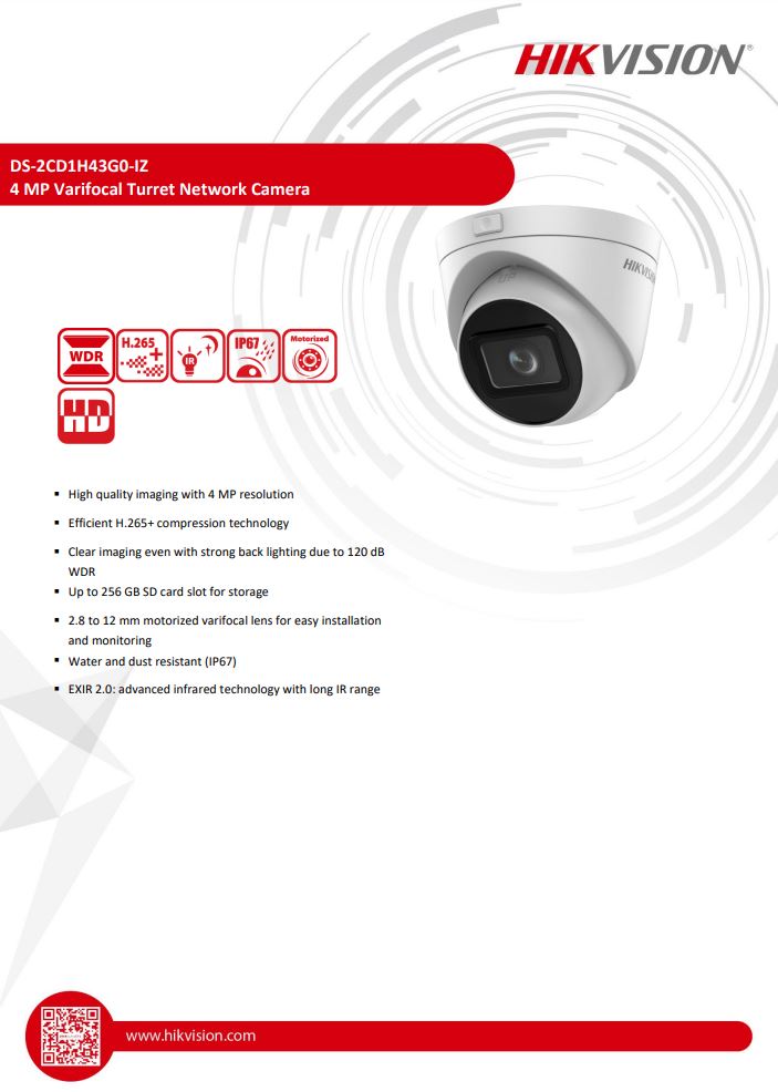 HIKVISION DS-2CD1H43G0-IZ 4MP Motorized Varifocal Turret Network Camera