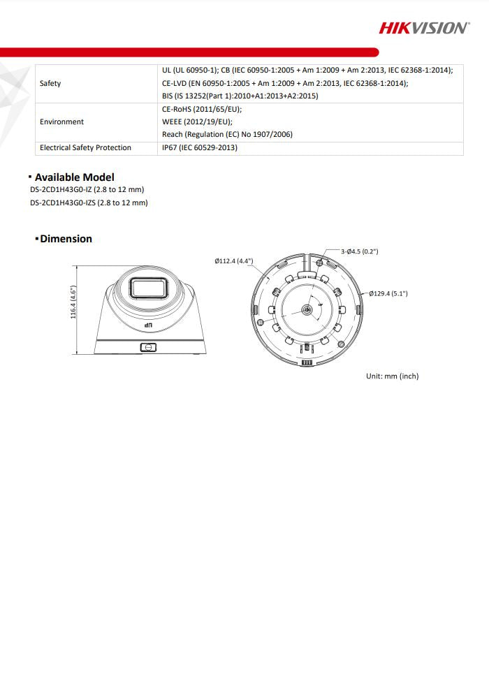 HIKVISION DS-2CD1H43G0-IZ 4MP Motorized Varifocal Turret Network Camera