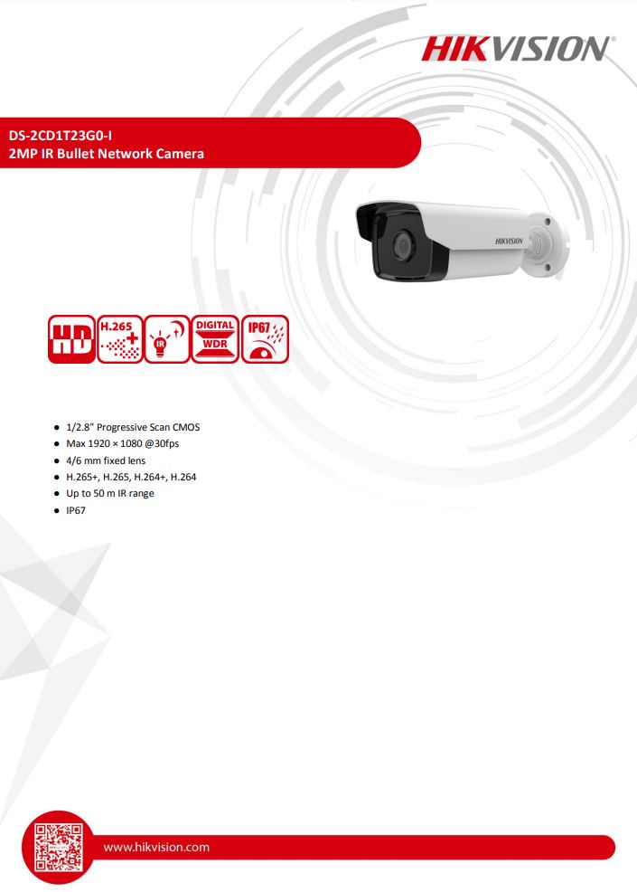 HIKVISION DS-2CD1T23G0-I(C) 2MP Fixed Bullet Network Camera