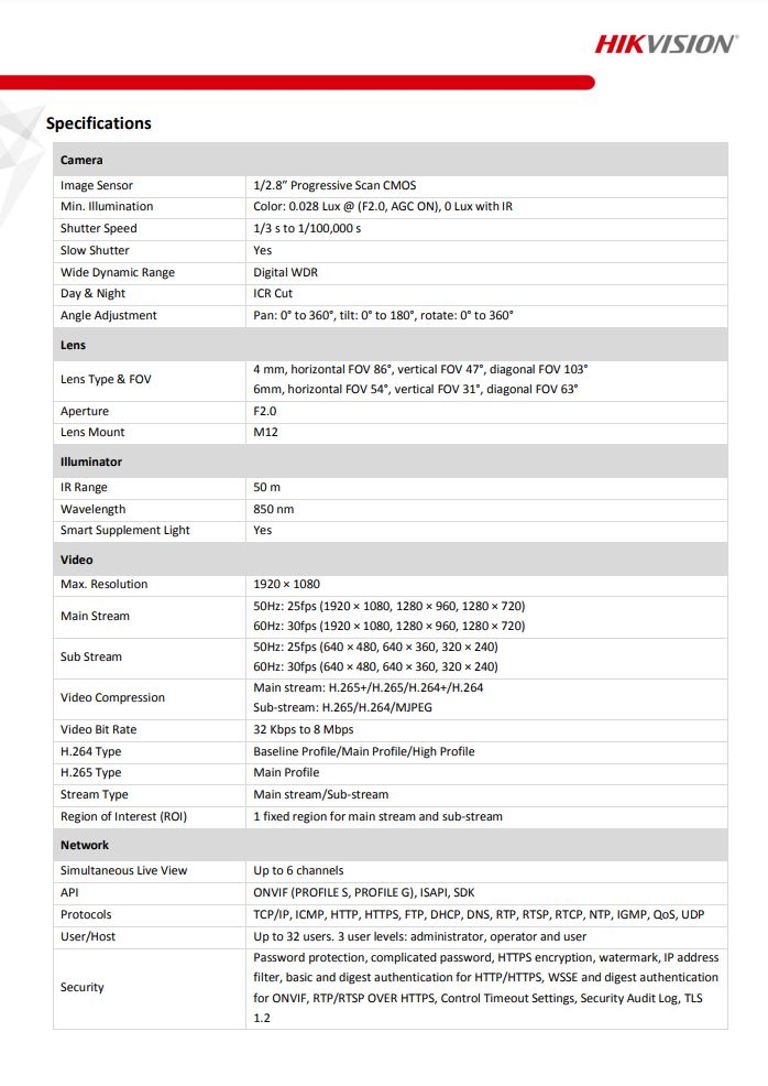 HIKVISION DS-2CD1T23G0-I(C) 2MP Fixed Bullet Network Camera