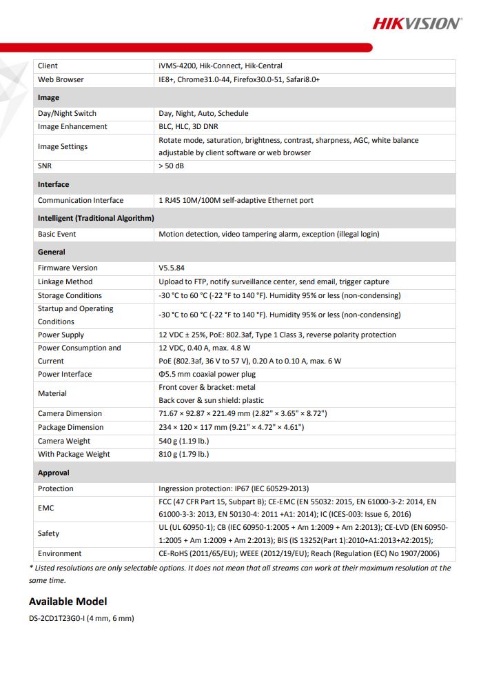 HIKVISION DS-2CD1T23G0-I(C) 2MP Fixed Bullet Network Camera