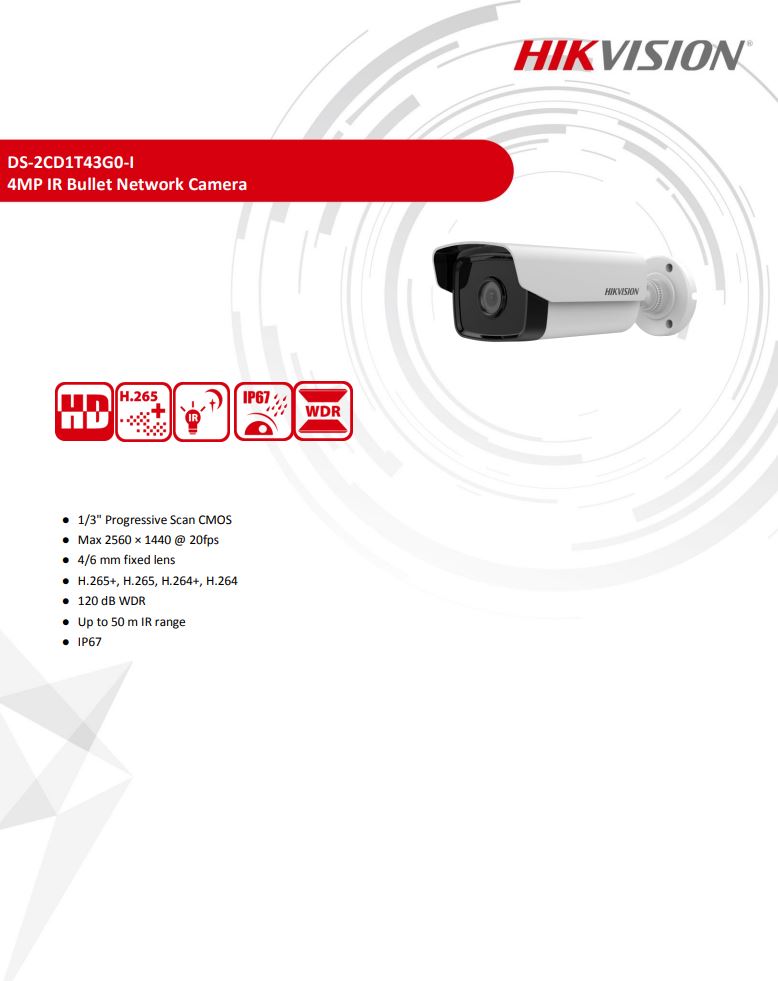 HIKVISION DS-2CD1T43G0-I(C) 4MP Fixed Bullet Network Camera