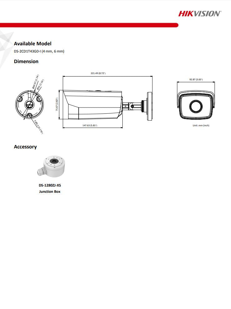 HIKVISION DS-2CD1T43G0-I(C) 4MP Fixed Bullet Network Camera