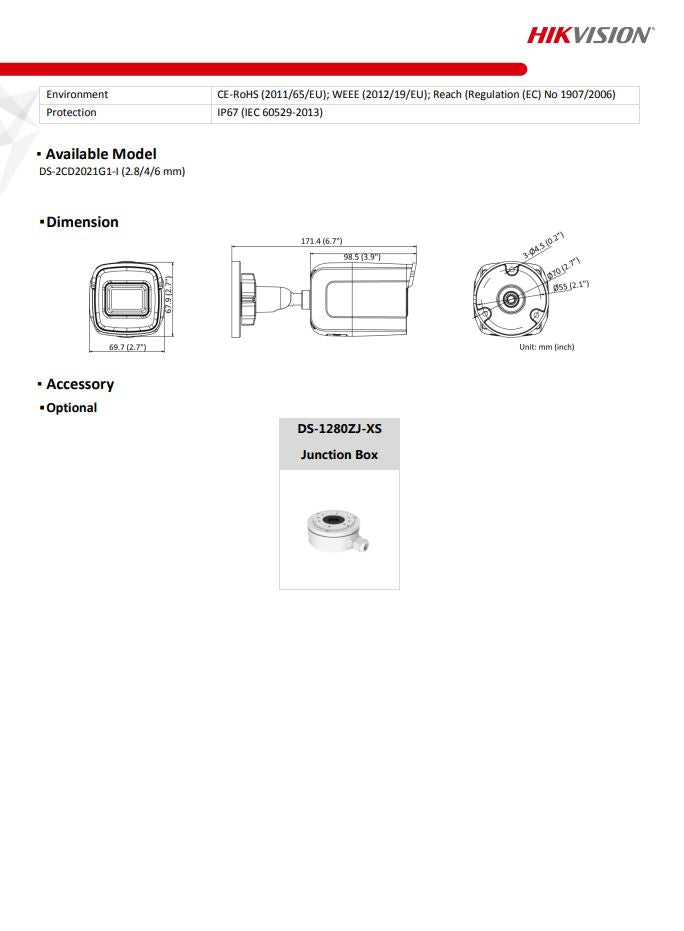 HIKVISION DS-2CD2021G1-I(C) 2MP WDR Fixed Mini Bullet Network Camera