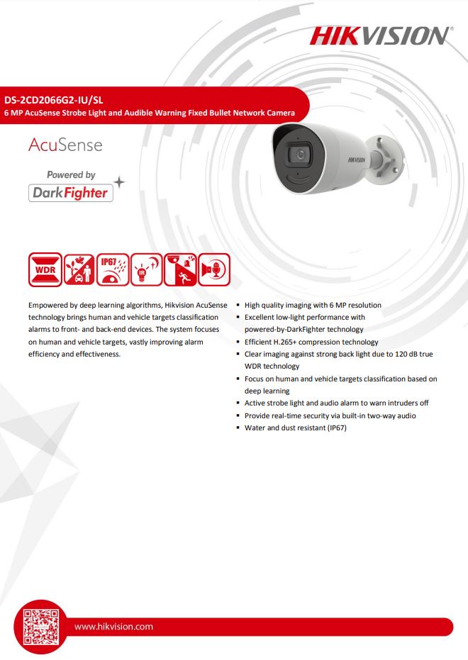 HIKVISION DS-2CD2066G2-IU/SL 6 MP AcuSense Strobe Light and Audible Warning Fixed Bullet Network Camera