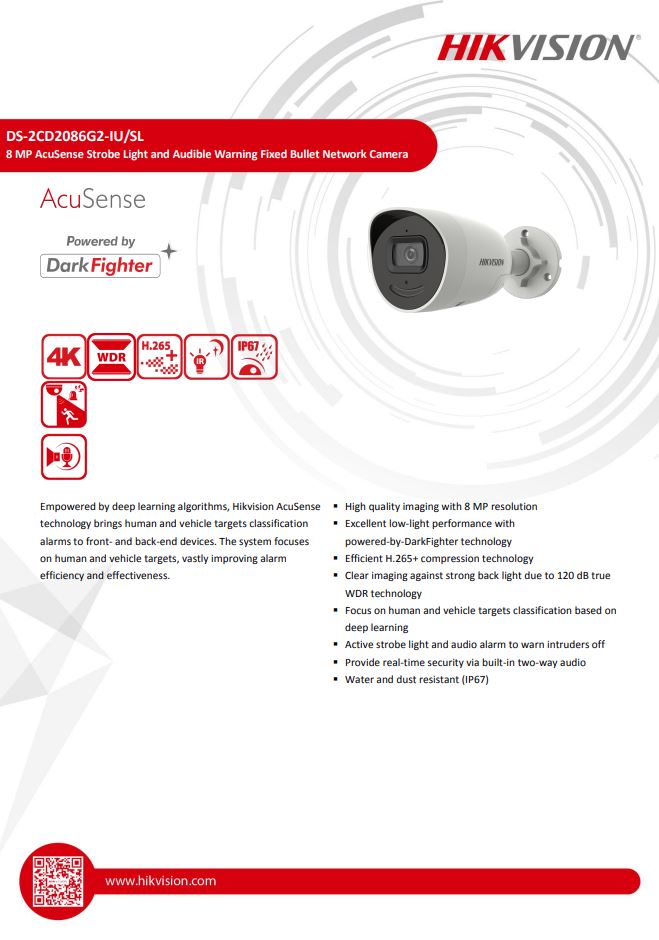 HIKVISION DS-2CD2086G2-IU/SL 8 MP AcuSense Strobe Light and Audible Warning Fixed Bullet Network Camera