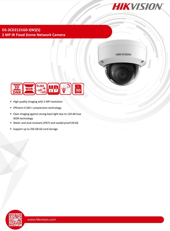 HIKVISION DS-2CD2121G0-IS(C) 2MP WDR Fixed Vandal Dome Network Camera