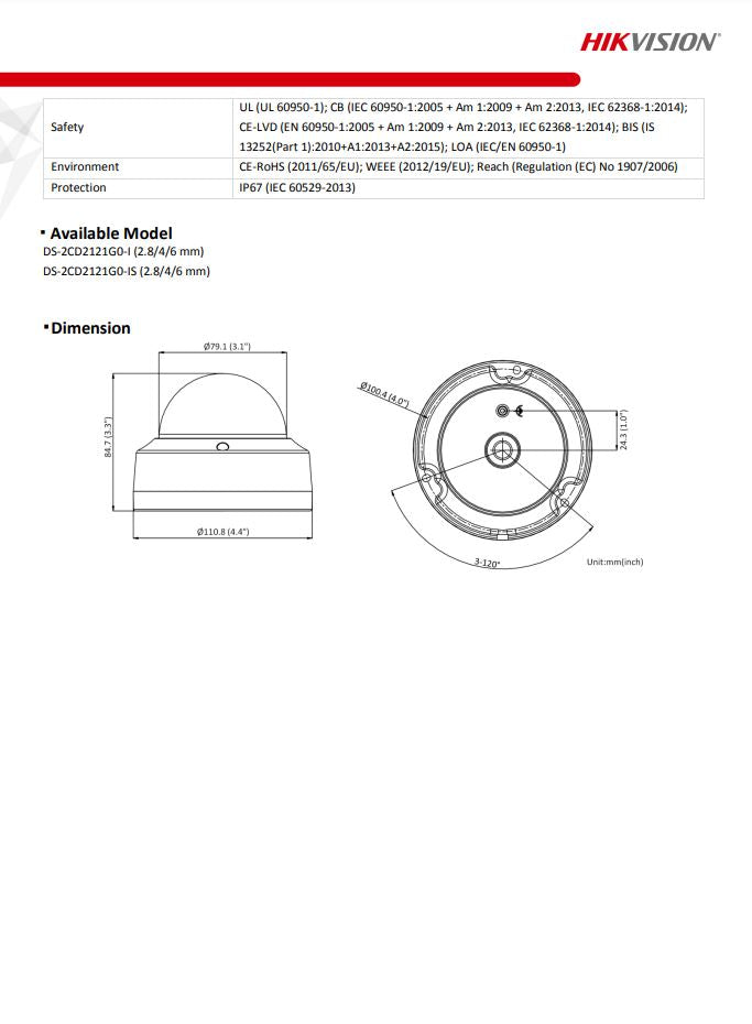 HIKVISION DS-2CD2121G0-IS(C) 2MP WDR Fixed Vandal Dome Network Camera