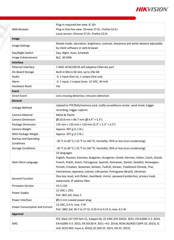 HIKVISION DS-2CD2121G0-I(C) 2MP WDR Fixed Vandal Dome Network Camera