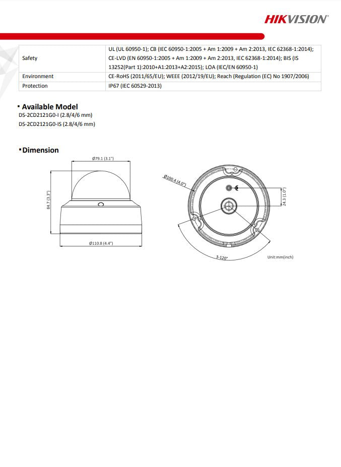 HIKVISION DS-2CD2121G0-I(C) 2MP WDR Fixed Vandal Dome Network Camera