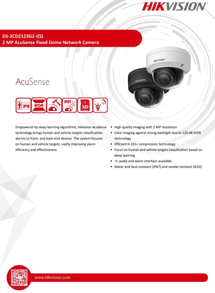 HIKVISION DS-2CD2123G2-IS(D) 2MP AcuSense Vandal Fixed Dome Network Camera