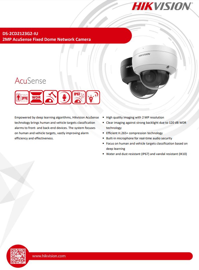 HIKVISION DS-2CD2123G2-IU(D) 2MP AcuSense Vandal Fixed Dome Network Camera