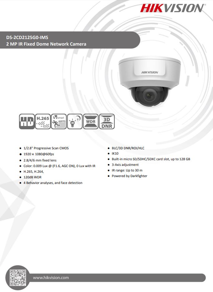 HIKVISION DS-2CD2125G0-IMS 2MP HDMI Fixed Dome Network Camera