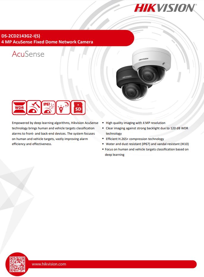 HIKVISION DS-2CD2143G2-I 4MP AcuSense Vandal Fixed Dome Network Camera