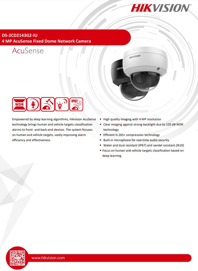 HIKVISION DS-2CD2143G2-IU 4MP AcuSense Vandal Fixed Dome Network Camera