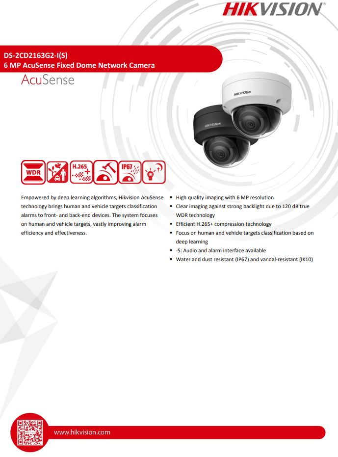 HIKVISION DS-2CD2163G2-I 6MP AcuSense Vandal Fixed Dome Network Camera