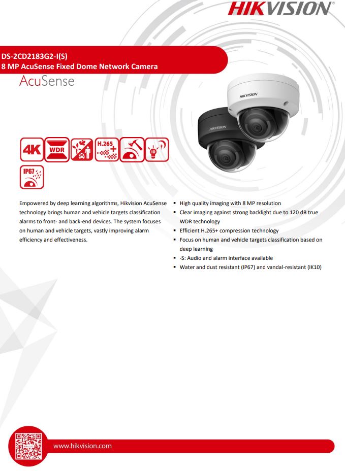 HIKVISION DS-2CD2183G2-I 8MP AcuSense Vandal Fixed Dome Network Camera