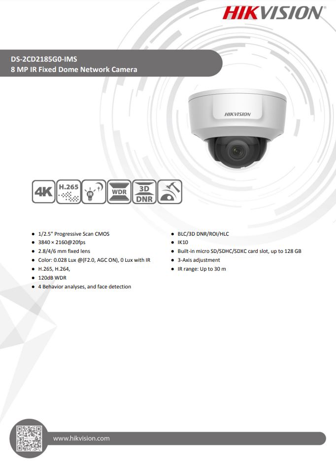 HIKVISION DS-2CD2185G0-IMS 4K HDMI Fixed Dome Network Camera