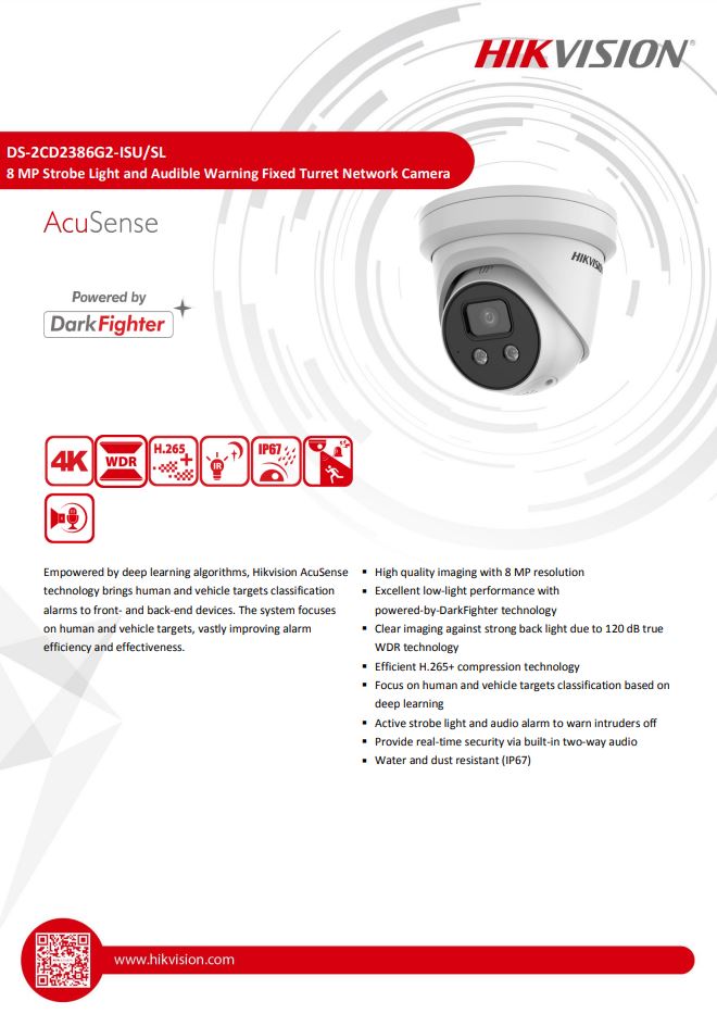 HIKVISION DS-2CD2386G2-ISU/SL(C) 8MP AcuSense Strobe Light & Audible Warning Fixed Turret Network Camera