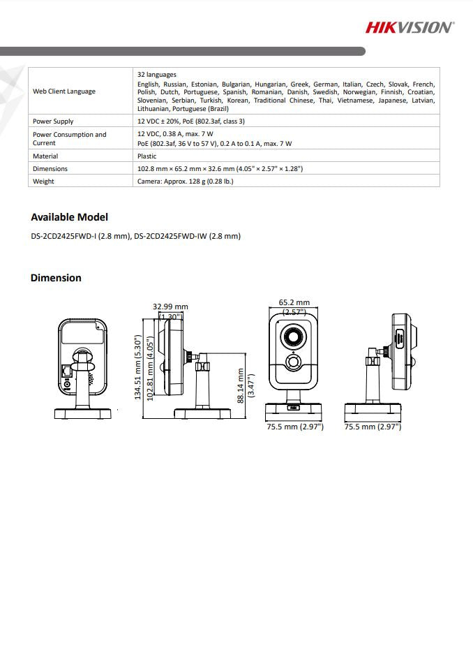 HIKVISION DS-2CD2425FWD-I 2MP Powered by DarkFighter Cube Network Camera