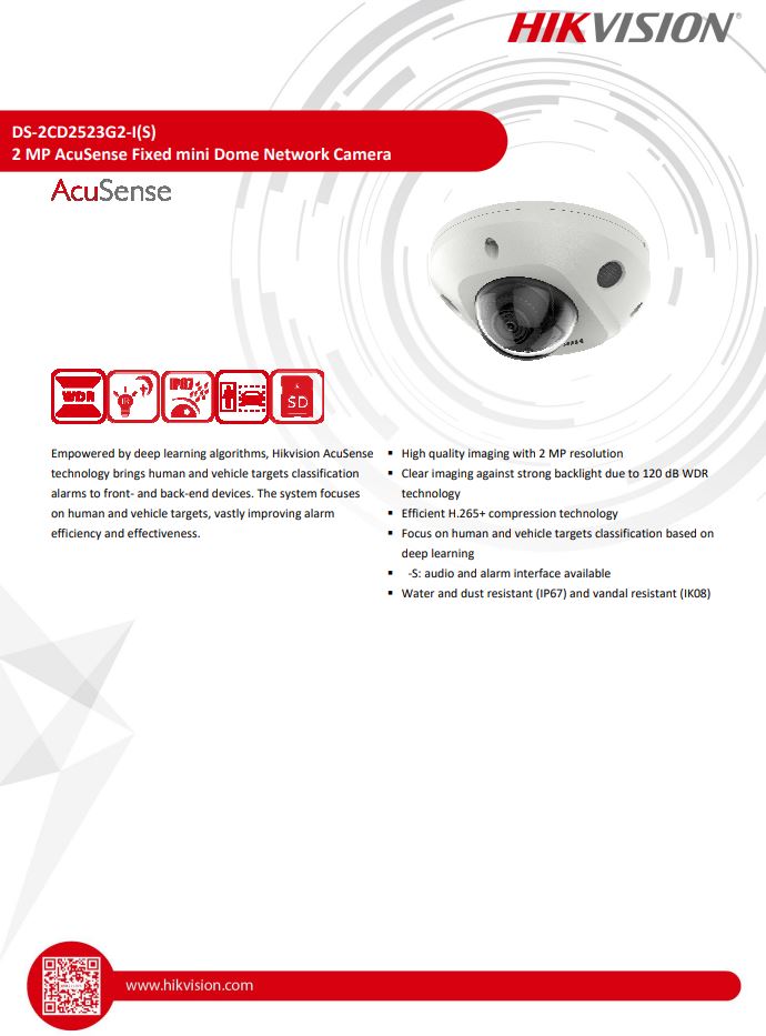 HIKVISION DS-2CD2523G2-I 2MP AcuSense Built-in Mic Fixed Mini Dome Network Camera