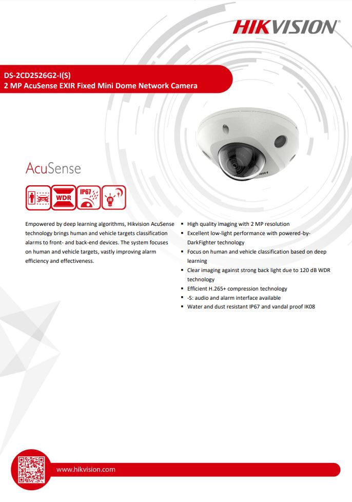 HIKVISION DS-2CD2526G2-I(D) 2MP AcuSense Built-in Mic Fixed Mini Dome Network Camera