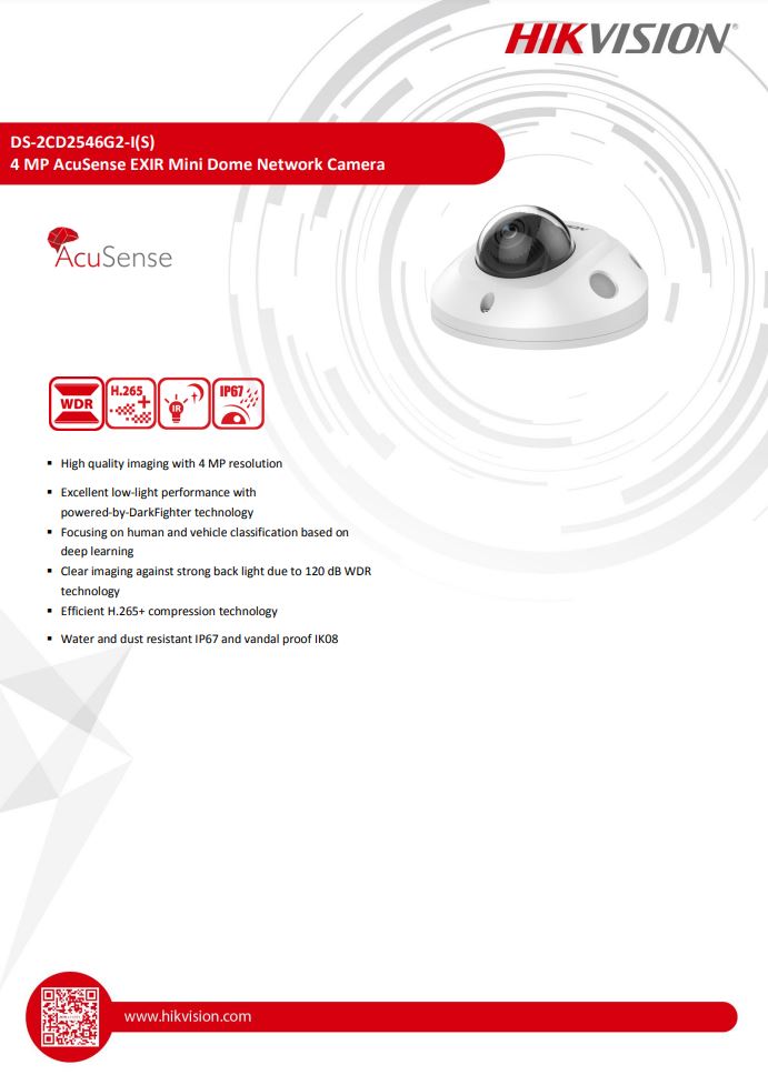 HIKVISION DS-2CD2546G2-I 4MP AcuSense Built-in Mic Fixed Mini Dome Network Camera