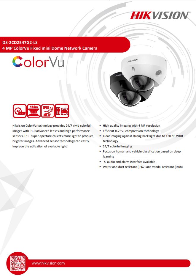 HIKVISION DS-2CD2547G2-LS(C) 4MP ColorVu Fixed Mini Dome Network Camera (BLACK)