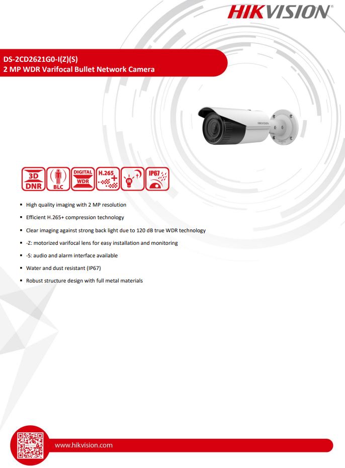 HIKVISION DS-2CD2621G0-I 2MP WDR Varifocal Bullet Network Camera