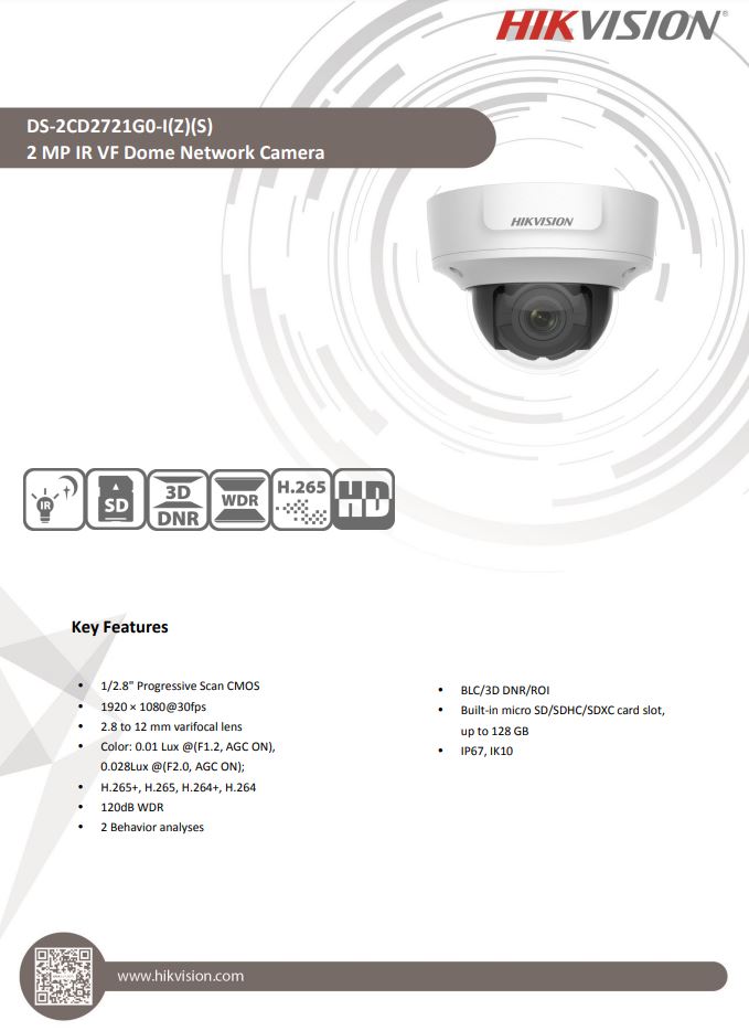 HIKVISION DS-2CD2721G0-IZ 2MP WDR Varifocal Vandal Dome Network Camera