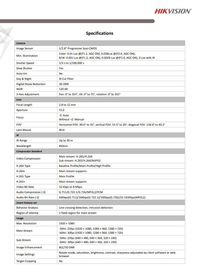 HIKVISION DS-2CD2721G0-I 2MP WDR Varifocal Vandal Dome Network Camera