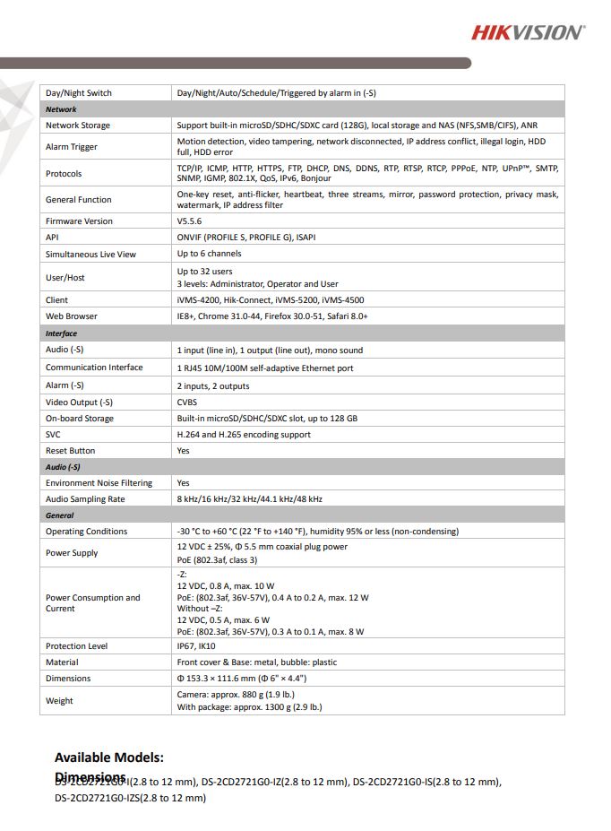 HIKVISION DS-2CD2721G0-I 2MP WDR Varifocal Vandal Dome Network Camera