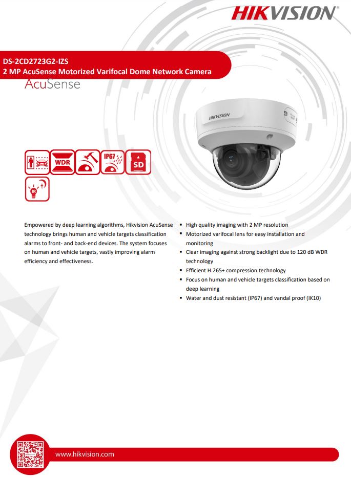 HIKVISION DS-2CD2723G2-IZS(D) 2MP AcuSense Motorized Varifocal Dome Network Camera