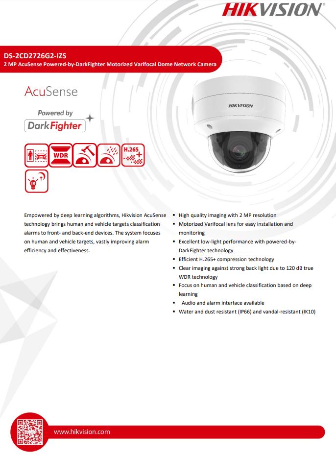 HIKVSION DS-2CD2726G2-IZS(D) 2MP AcuSense Varifocal Dome Network Camera