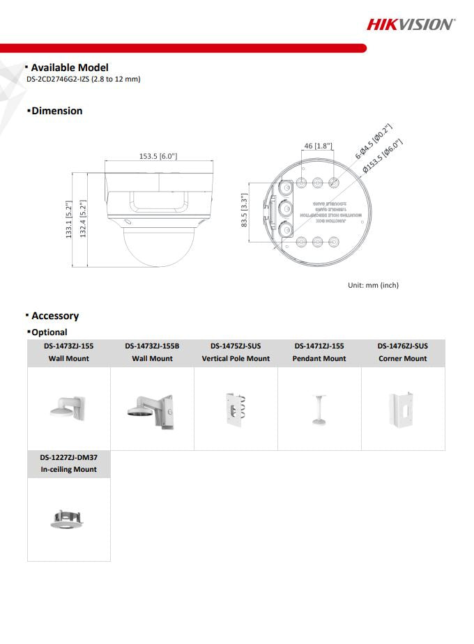 HIKVISION DS-2CD2746G2-IZS(C) 4MP AcuSense Motorized Varifocal Dome Network Camera