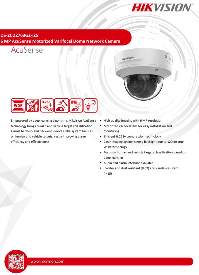 HIKVISION DS-2CD2763G2-IZS 6MP AcuSense Motorized Varifocal Dome Network Camera